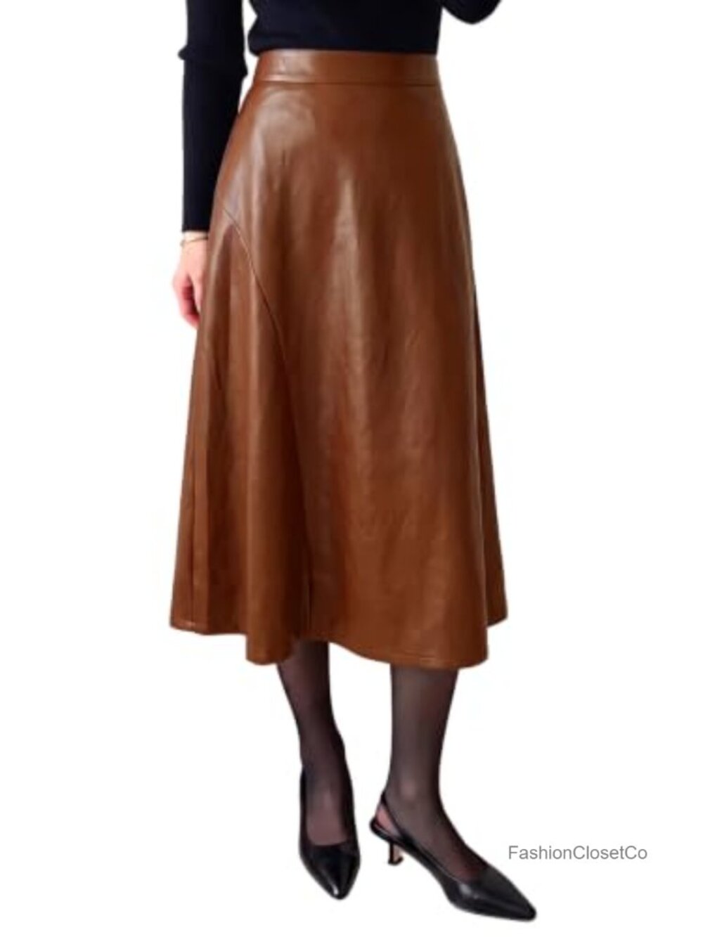 Faux Leather High Waisted Flowy Midi Skirt A-Line Business Casual